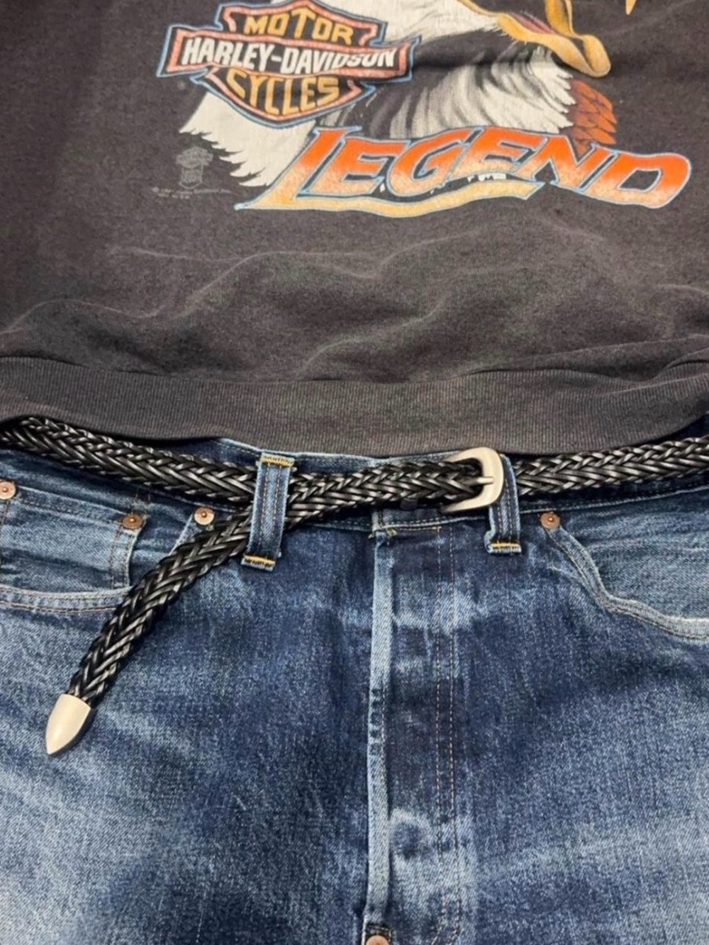 Western Black braided leather belt with silver buckle metal tip
